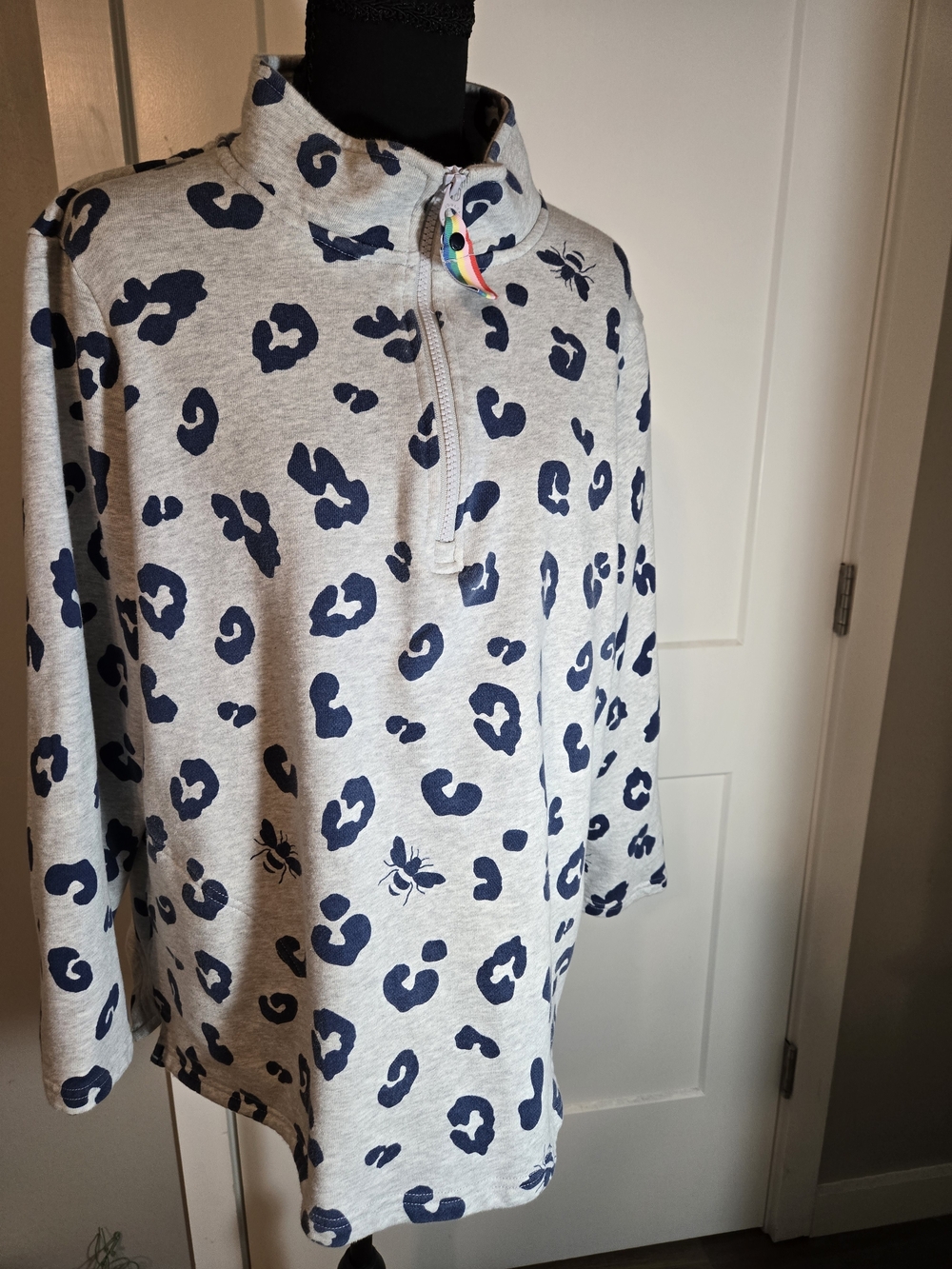 Joules Light Gray Cowl Pullover with Navy Leopard Print